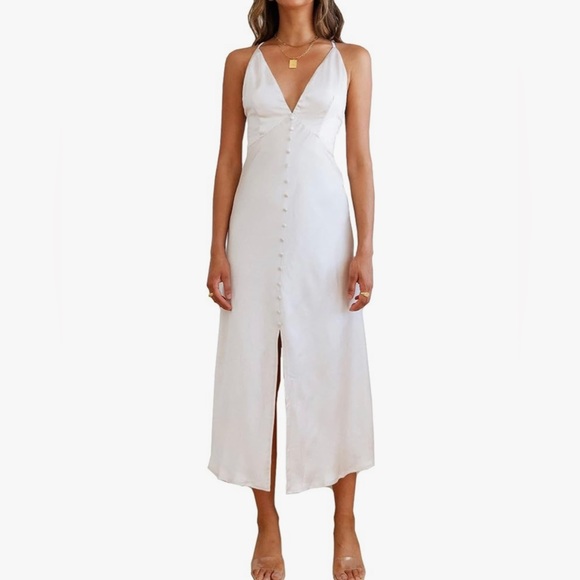 Dresses & Skirts - Papolane plunge neck satin slit maxi dress faux buttons